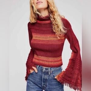Free People Close To Me Stripe Wide Sleeve Turtleneck Sweater Red Size Small